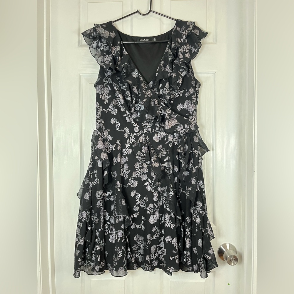 Lauren Ralph Lauren Metallic Floral Print Black Ruffle Dress 14